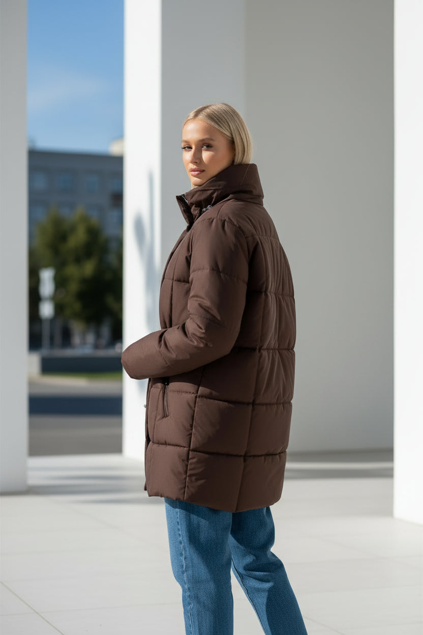 A woman wearing a dark brown puffer jacket with a drawstring waist and high collar, paired with blue jeans, standing in a modern indoor setting.