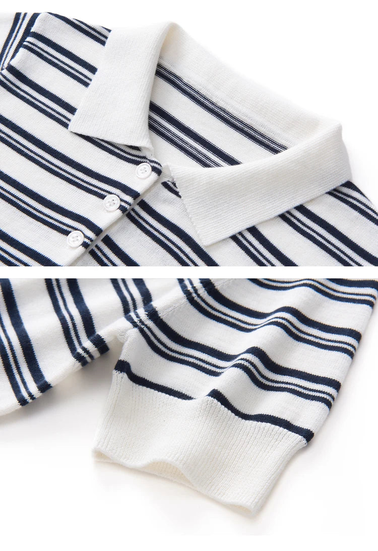 WinvyNee Summer Women's Pure Cotton Sweaters Polo T-Shirts White Half Sleeve Striped Tees Y2k Outerwears Pullover Tops ZA1523012