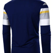 A men's long-sleeve polo shirt shown from the back, featuring a solid navy blue body with contrasting striped 