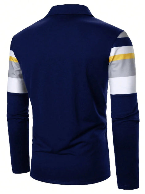 A men's long-sleeve polo shirt shown from the back, featuring a solid navy blue body with contrasting striped 