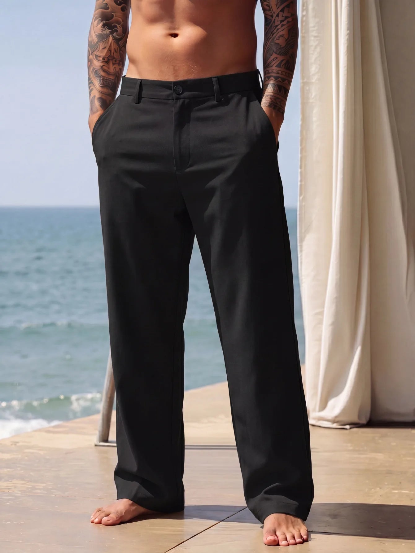 2026 New Amazon European and American men's linen solid color casual suit pants new fashion beach wide-leg trousers