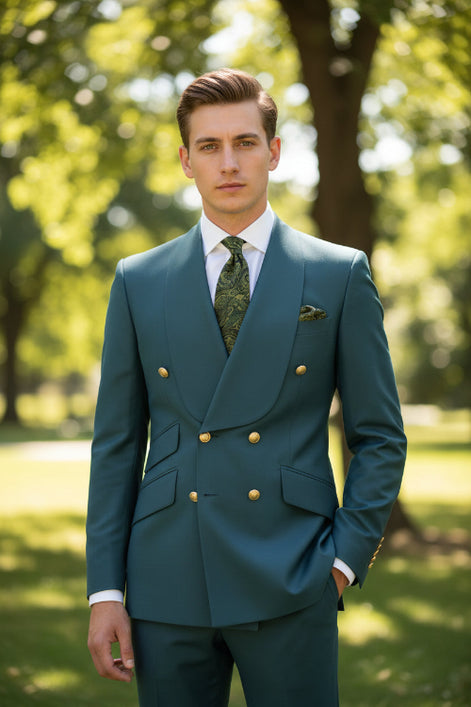Gray suit jacket with gold buttons and matching pants on a white background
