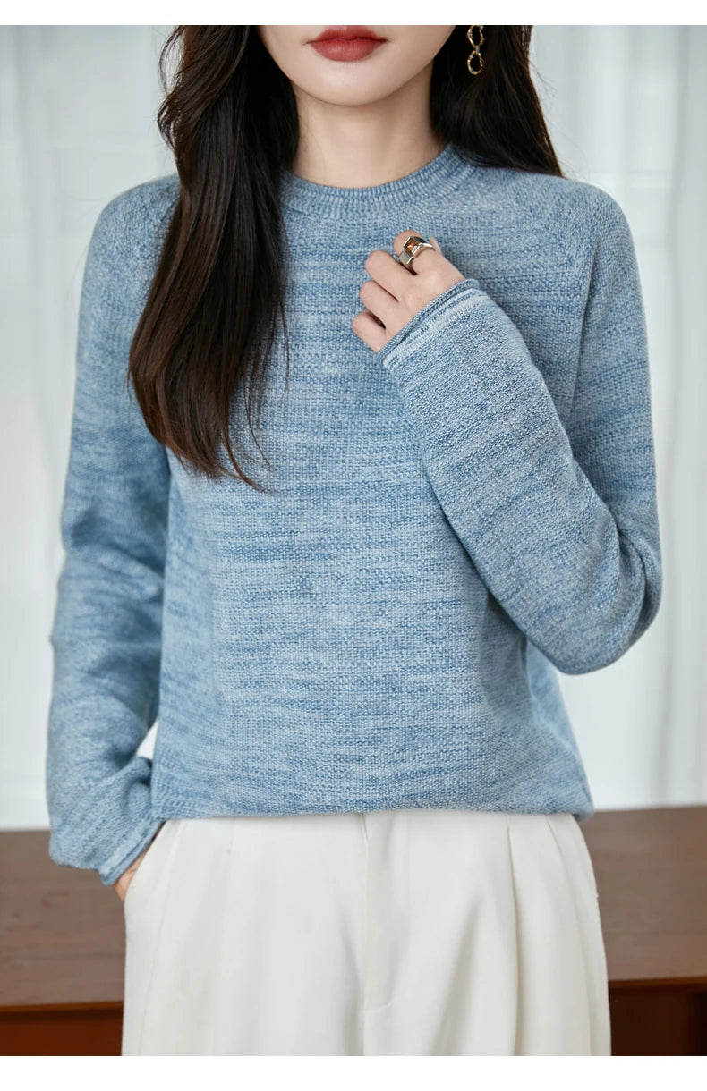 100% pure cotton women's knitted sweater casual round neck pullover for autumn and winter new women's top loose and hot selling