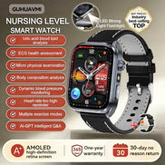 Smartwatch with features listed on a beige background, including LED flashlight and multiple health monitoring functions.