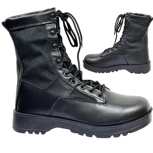 Black leather boots with laces on a white background
