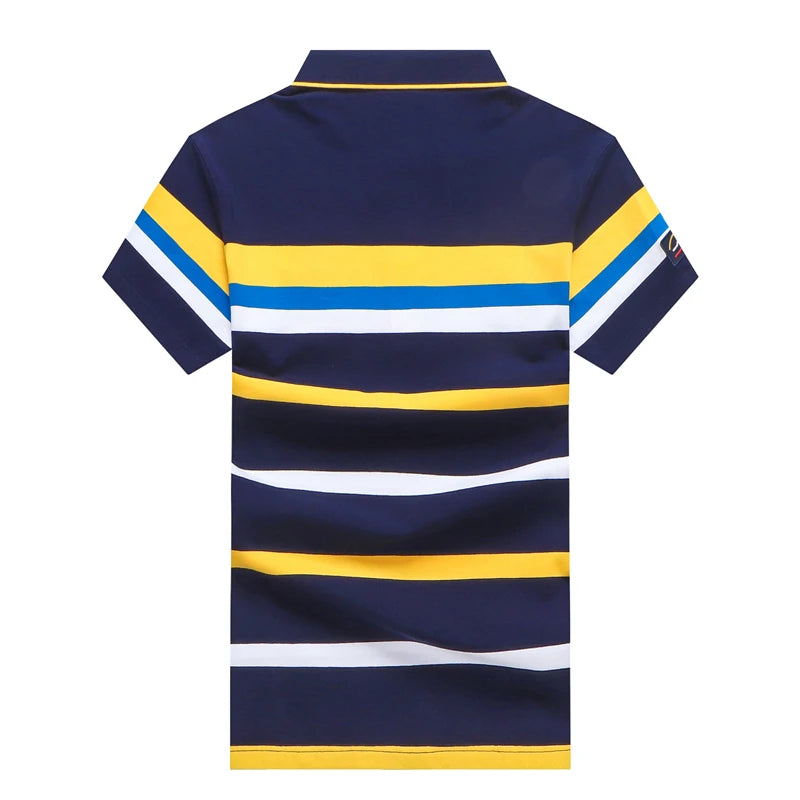 A short-sleeve polo shirt shown from the back, featuring horizontal stripes in navy blue, yellow, white, and light blue, with a solid navy collar and sleeve cuffs.