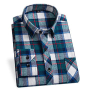 Plaid shirt with blue, green, and red pattern on a white background