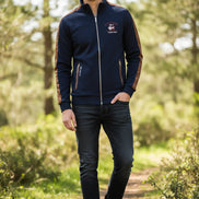 Navy blue jacket with brown accents on a white background
