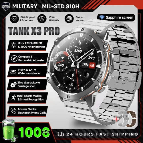 Tank X3 Pro smartwatch with metal band on a promotional background