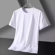 Plain white short-sleeve crew-neck T-shirt hanging on a clear hanger against a gray background.