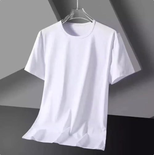 Plain white short-sleeve crew-neck T-shirt hanging on a clear hanger against a gray background.