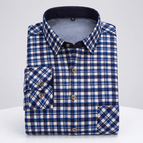 Folded blue and white checkered shirt with close-up of fabric texture on a white background