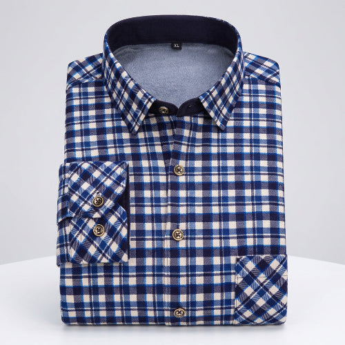 Folded blue and white checkered shirt with close-up of fabric texture on a white background