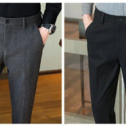 A side-by-side comparison of two men's slim-fit trousers. The left panel shows gray textured wool-blend trousers worn with a black shirt.
