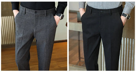 A side-by-side comparison of two men's slim-fit trousers. The left panel shows gray textured wool-blend trousers worn with a black shirt.