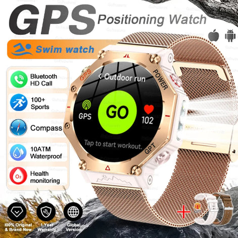 GPS positioning watch with features listed on a white background