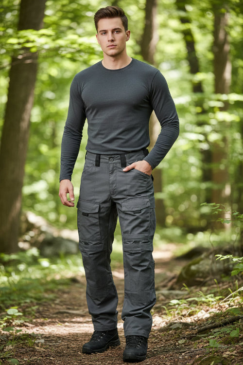 Gray tactical pants with multiple pockets on a white background