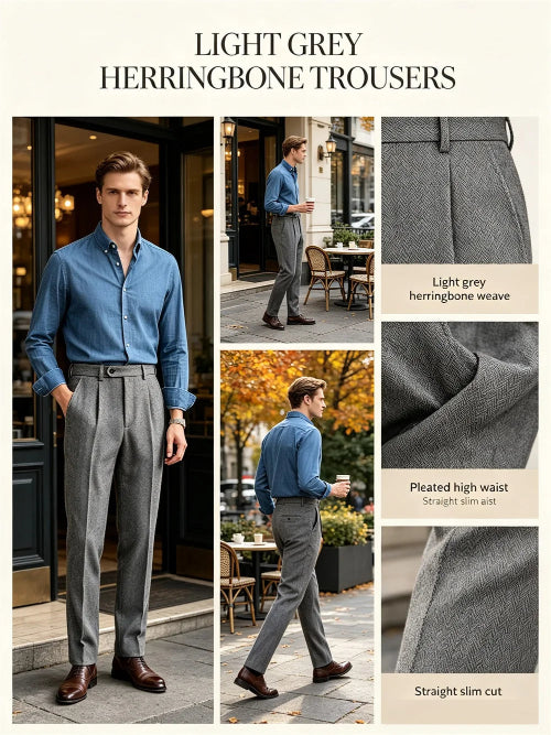 Promotional collage showing the light gray herringbone pleated suit trousers