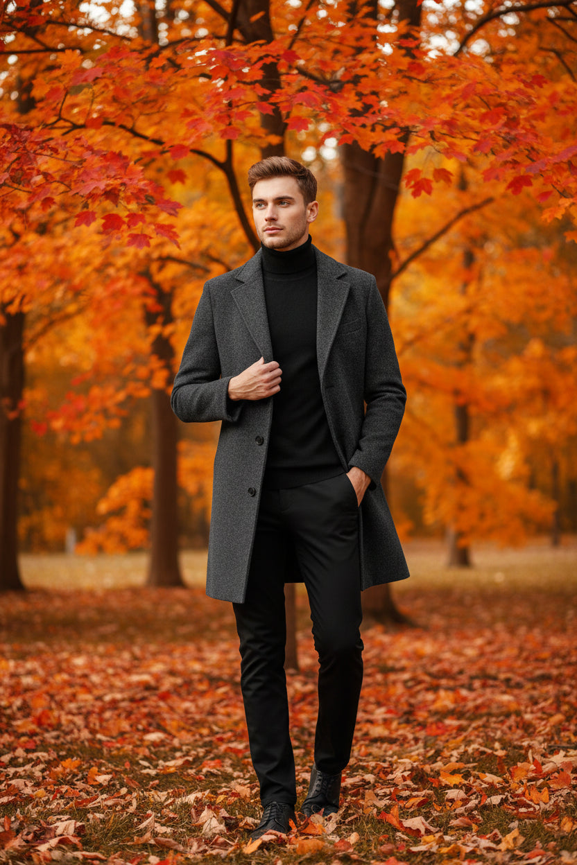 Man wearing a gray coat over a black turtleneck on a white background