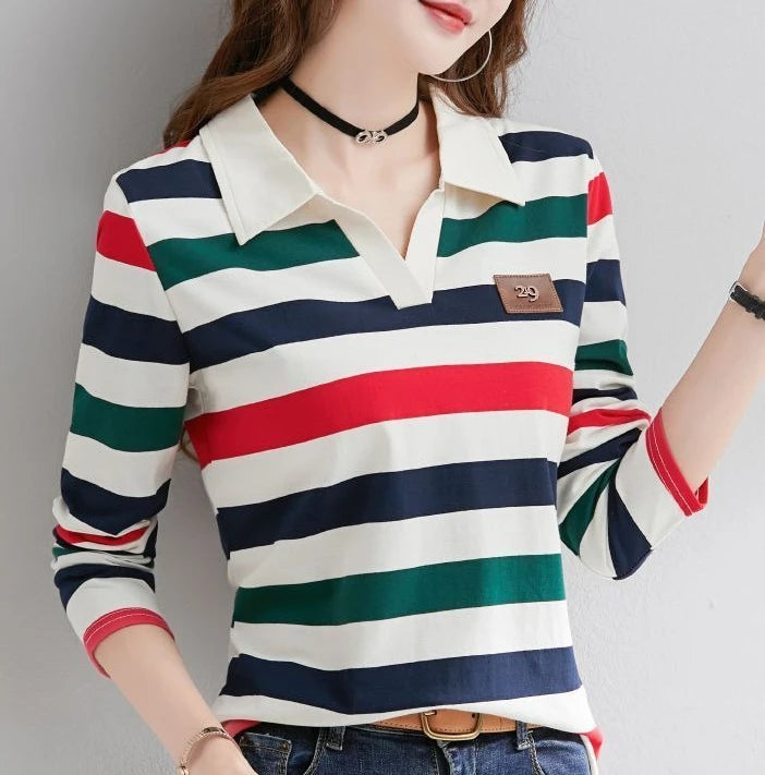 Slimming Striped Polo T-Shirt for Women 100% Cotton Long Sleeve Innerwear for 2026 Transitional Wardrobe