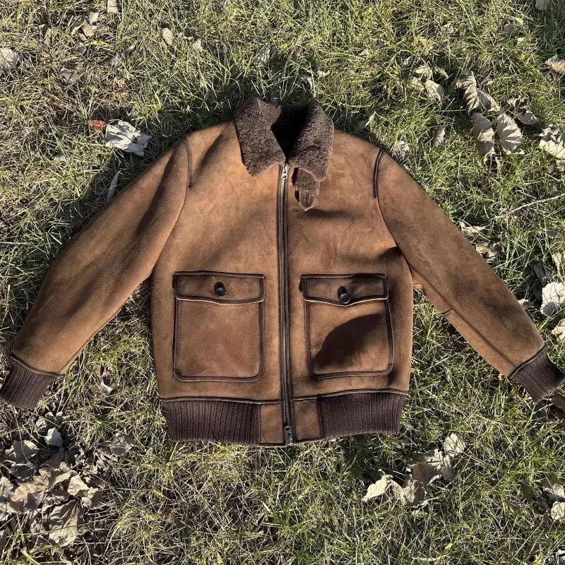 Luxury Genuine Leather Suede Men Jacket Wool Lining Coat Retro Winter Warm Sheepskin Jackets Turndown Collar Real Fur Outerwear