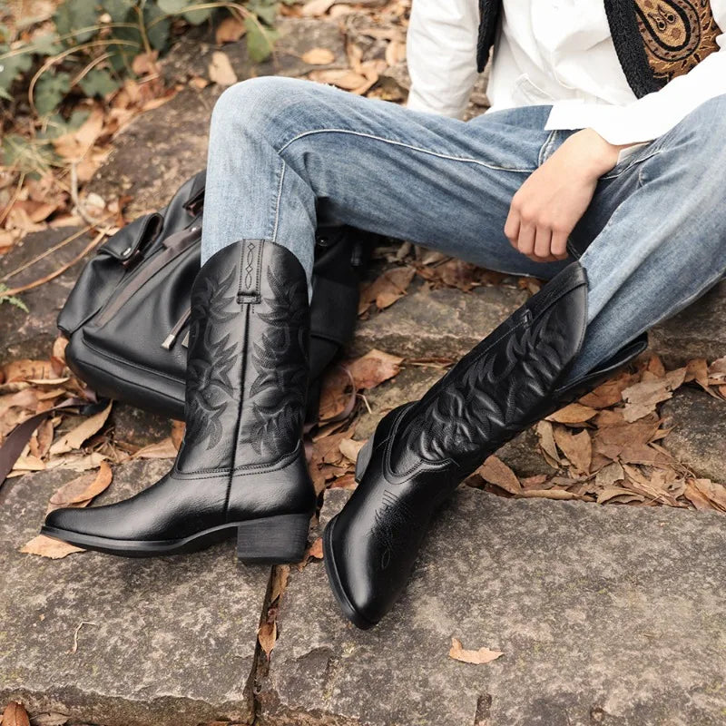 Embroidered Men Knee High Heel Leather Boots Retro European American Western Cowboy Boots Wedge Zip Casual Shoes Botas De Hombre