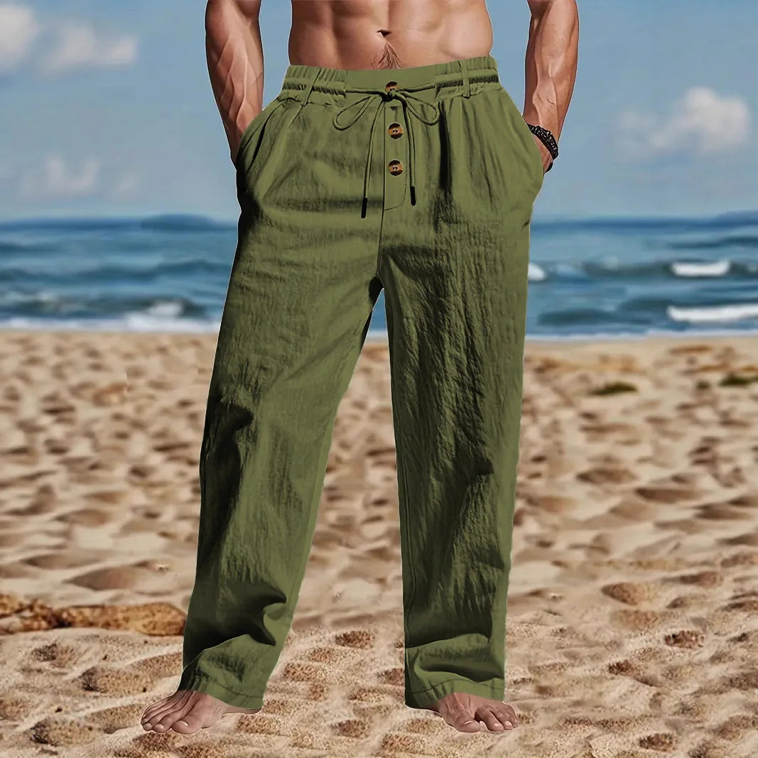 2026 New Amazon European and American men's linen solid color casual suit pants new fashion beach wide-leg trousers