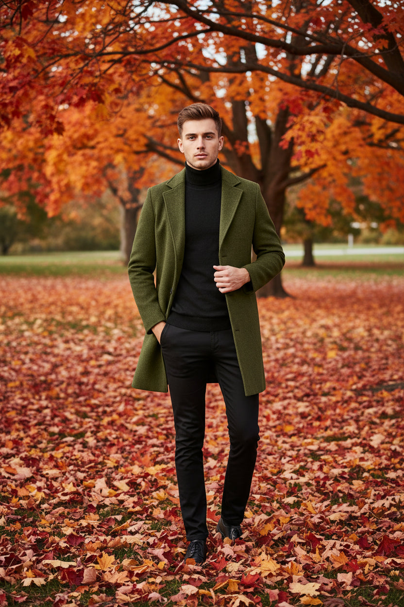 Green coat worn by a person on a white background