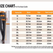 Size chart for pants with waist, hips, and length measurements.