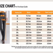 Size chart showing waist, hips and pant length measurements in centimeters for sizes XS to 7XL