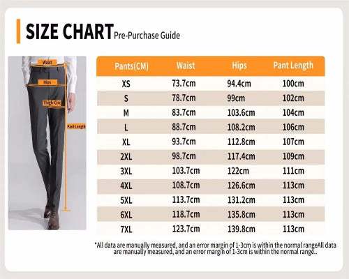 Size chart showing waist, hips and pant length measurements in centimeters for sizes XS to 7XL
