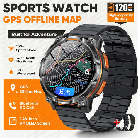 Black sports watch with a black metal link band and orange accents, shown on a white background with promotional text highlighting GPS offline map, 
