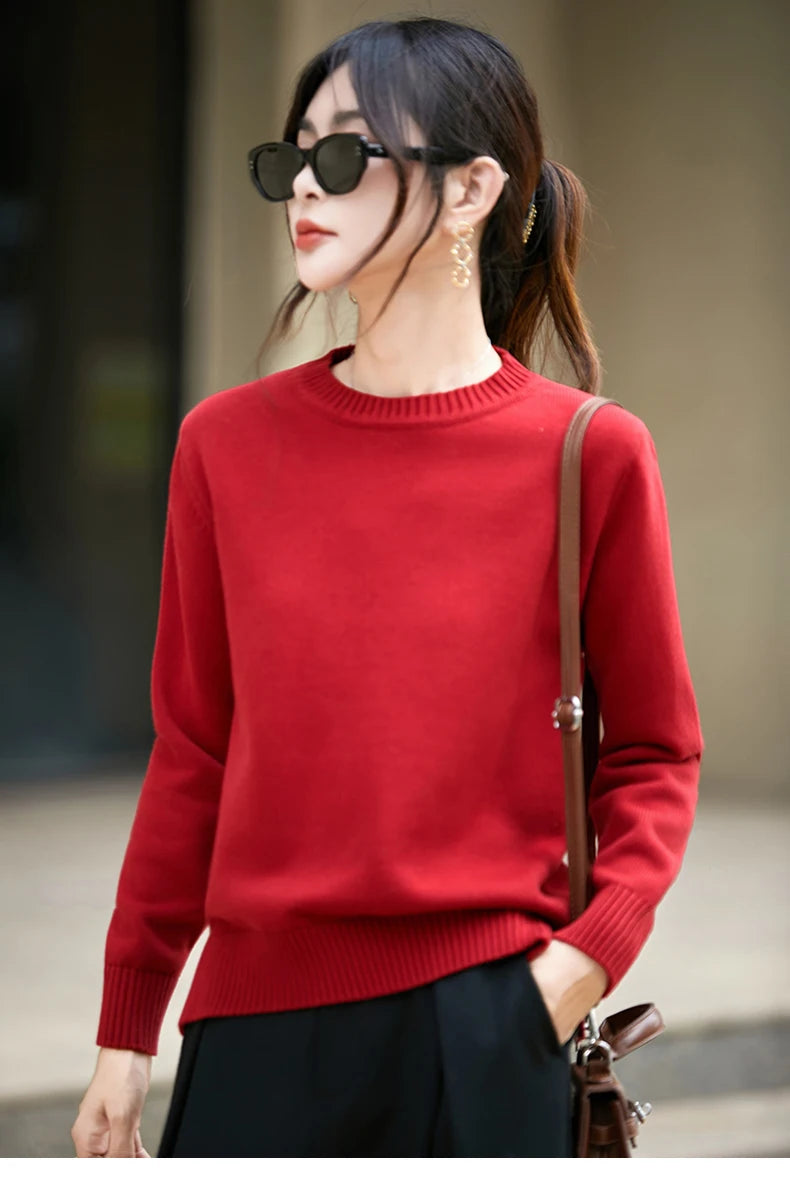 Women's autumn and winter 100% pure cotton knitted round neck soft pullover casual solid color warm sweater fashionable hot sell