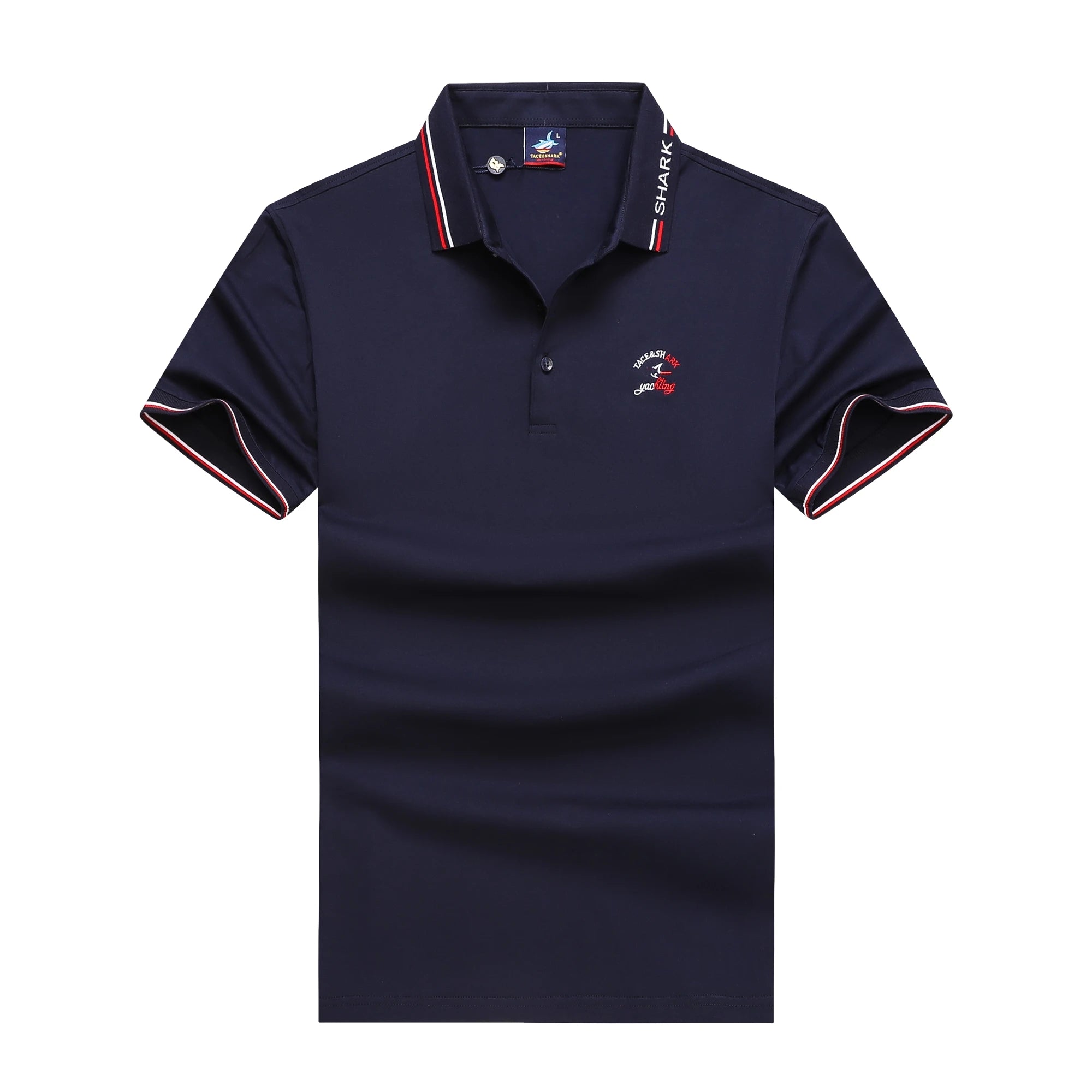 A navy blue short-sleeve polo shirt with red and white striped trim on the collar and sleeve cuffs, featuring a small embroidered shark logo on the left chest.
