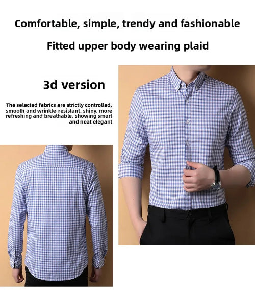 Blue and white checkered shirt worn by a person on a plain background