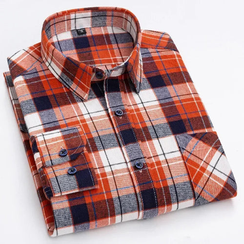 A folded long-sleeve plaid button-up shirt in orange, navy, white, and gray, shown on a clean white background.