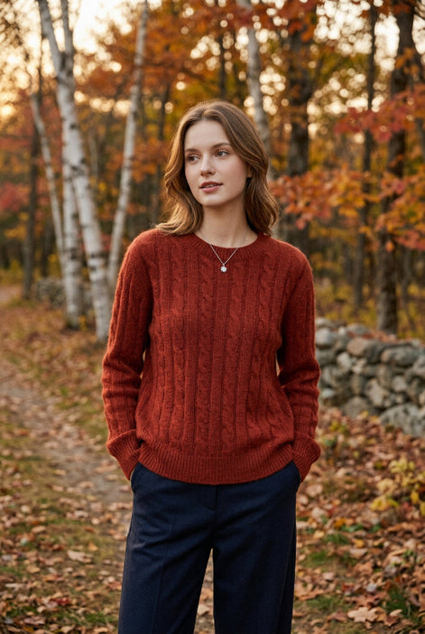 A person wearing an oversized cable-knit sweater in a warm rust red color, paired with dark pants, holding a phone in front of their face.