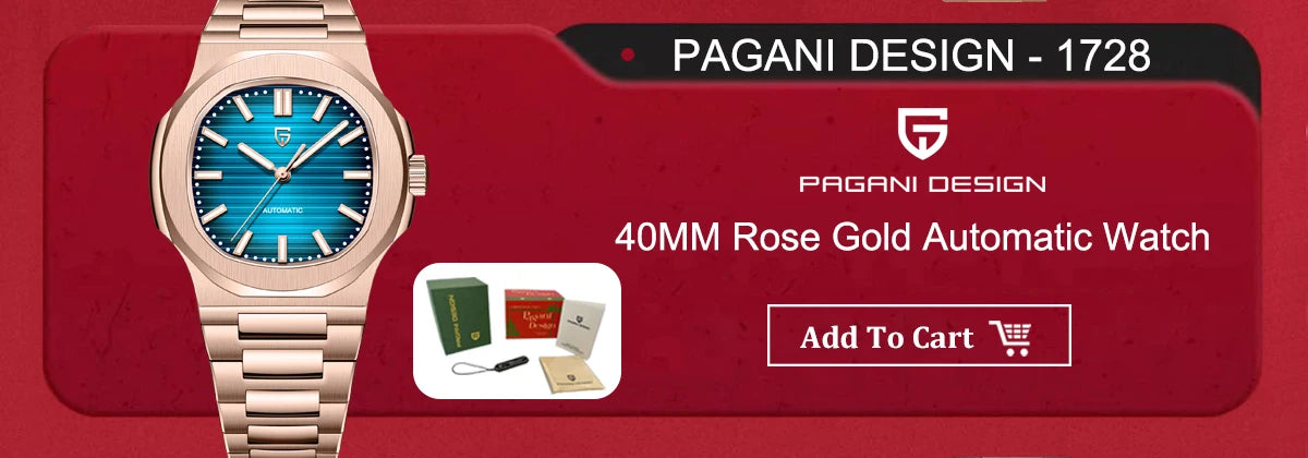 Rose gold automatic watch with blue dial on a red background, featuring Pagani Design branding.