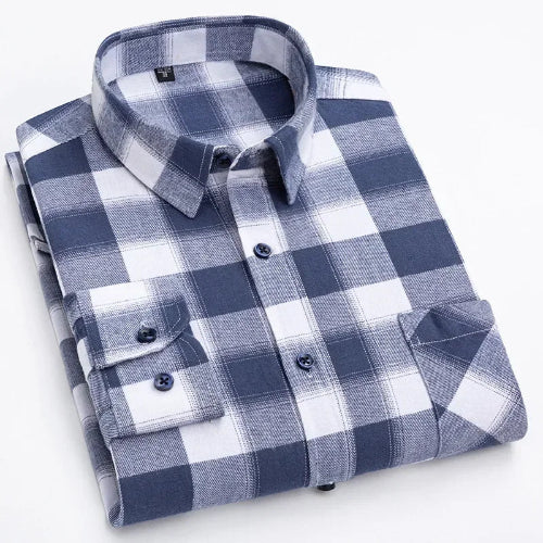 A folded long-sleeve plaid button-up shirt in navy blue and white, shown on a clean white background.