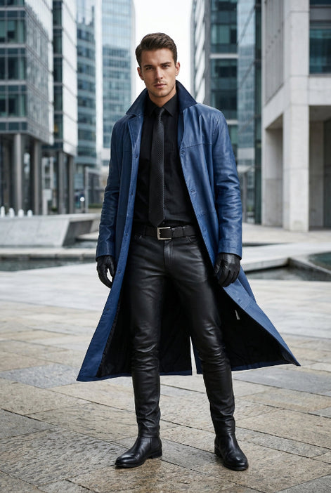Man wearing a long blue coat over a black outfit on a white background