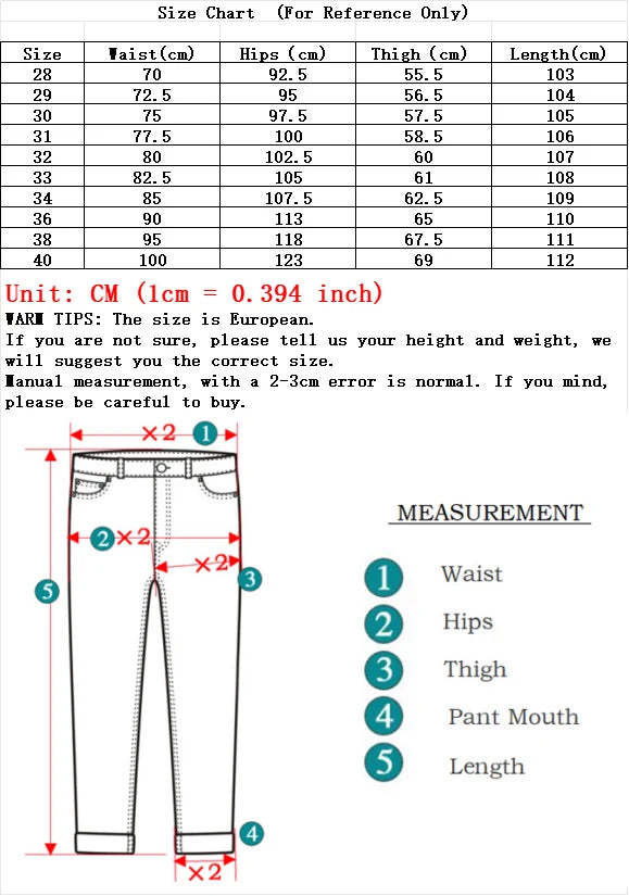 Size chart for pants with measurements in centimeters and inches.