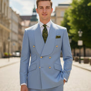 Light blue suit jacket and pants on a mannequin with a white background