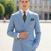 Light blue suit jacket and pants on a mannequin with a white background