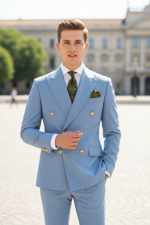 Light blue suit jacket and pants on a mannequin with a white background