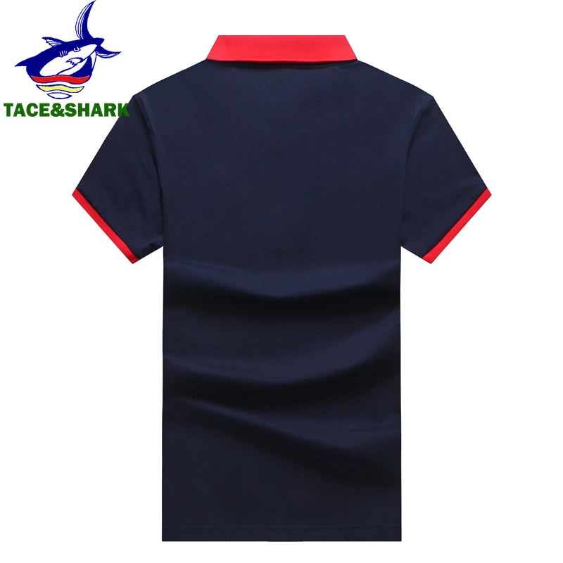 Navy blue polo shirt with red accents on a white background, featuring the Tace & Shark brand logo.