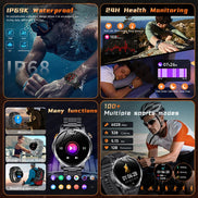 Collage of smartwatch features including waterproof capability, health monitoring, and various functions.