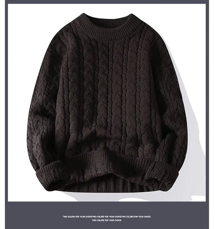 Dark brown cable knit sweater on a white background