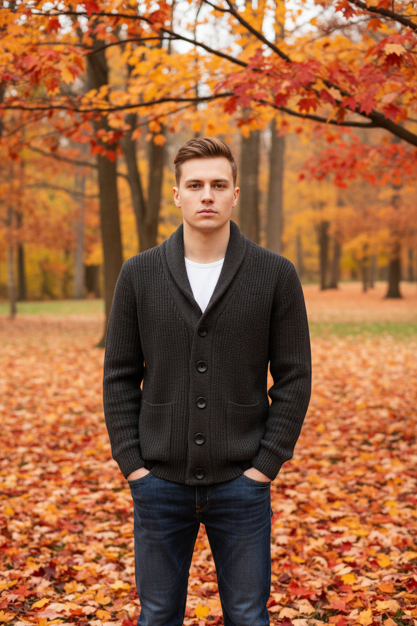 Dark gray cardigan worn by a person on a gray background