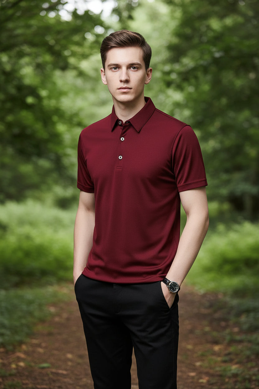 Maroon polo shirt worn by a person on a gray background