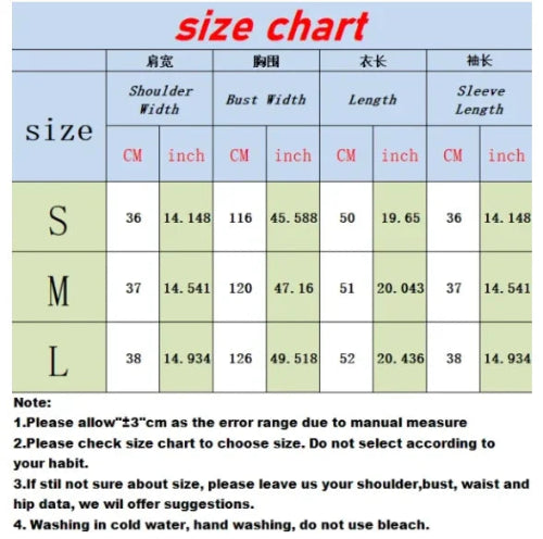 Size chart for clothing with measurements in centimeters and inches.
